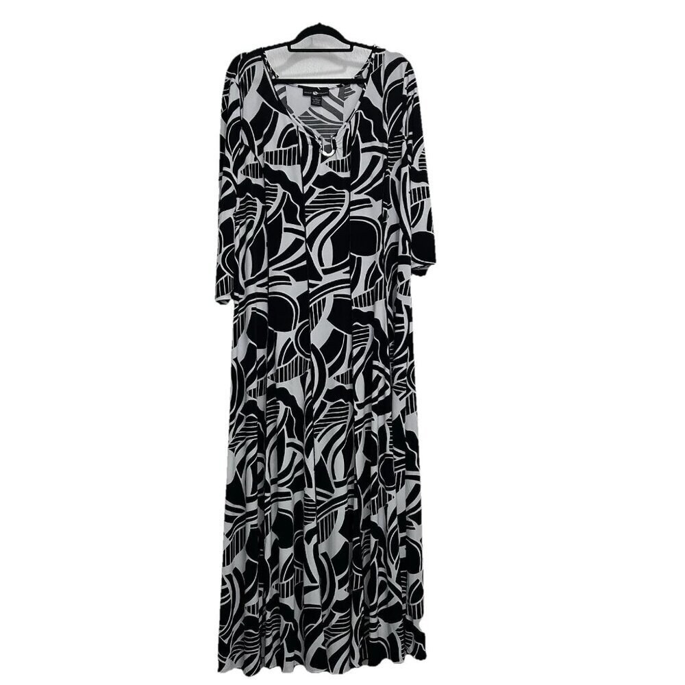 Ashley‎ Stewart Long Maxi Dress Black White Abstract Print Stretch Size 26 / 28W
